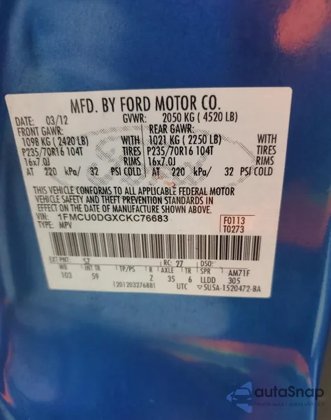 2012 Ford Escape Xlt from USA, damaged, VIN 1FMCU0DGXCKC76683